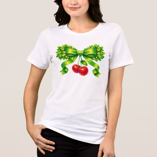 Camiseta Triblenda Lucky Clover Bow with Cherries Green Design (Anverso)