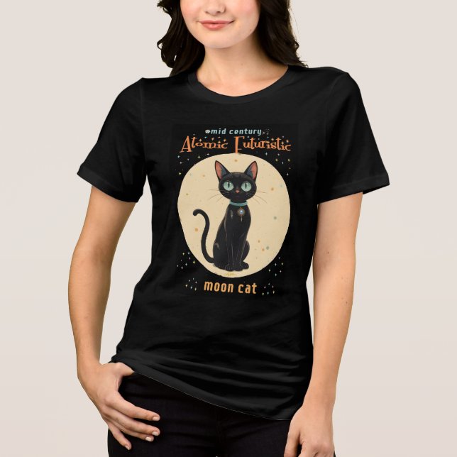 Camiseta Triblenda Luna de gato negro futurista atómico con texto (Anverso)