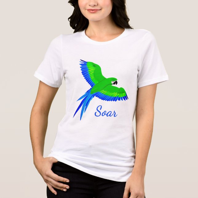 Camiseta Triblenda Macao verde y azul en vuelo (Anverso)