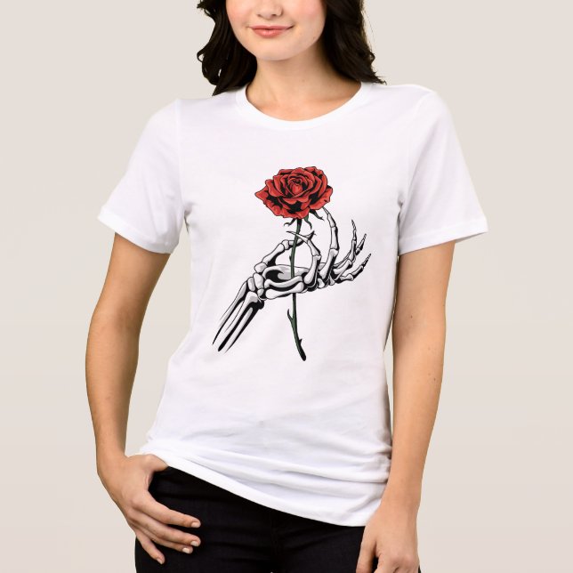 Camiseta Triblenda Mano de esqueleto con Rosa - Arte gótico (Anverso)