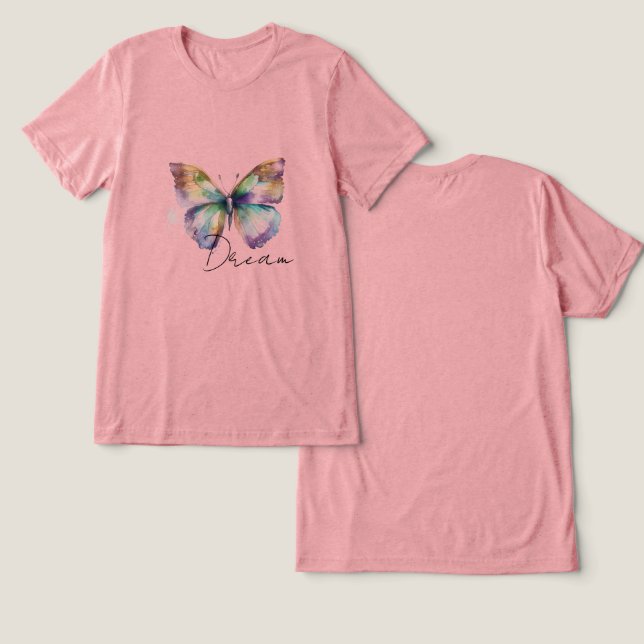 Camiseta Triblenda Mariposa de Sueño Azul Mint Aqua inspiradora (Diseño Anverso y Reverso)