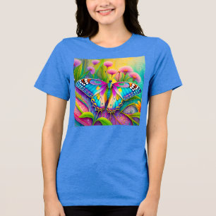 Camiseta Triblenda Mariposa psicodélica y flores silvestres coloridas