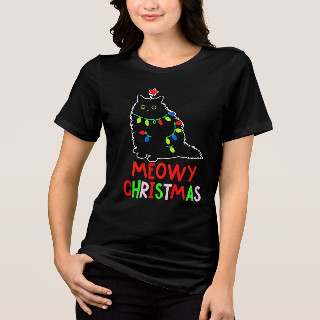 Camiseta Triblenda Meowy Christmas Xmas Lights Black Cat Pajamas  (Anverso)