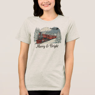 Camiseta Triblenda Merry Bright Vintage Christmas Train Graphic T-Shi