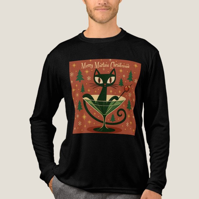 Camiseta Triblenda Mid Century Black Cat Merry Martini Christmas (Anverso)