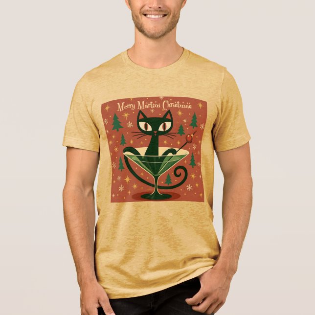 Camiseta Triblenda Mid Century Black Cat Merry Martini Christmas (Anverso)