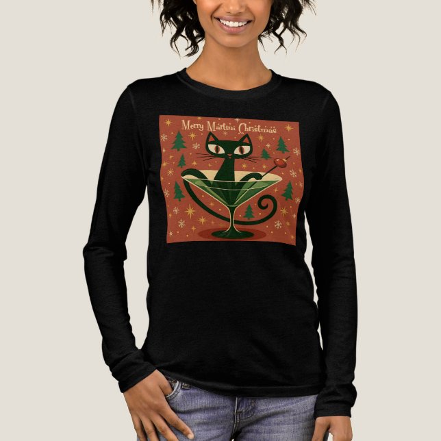 Camiseta Triblenda Mid Century Black Cat Merry Martini Christmas (Anverso)