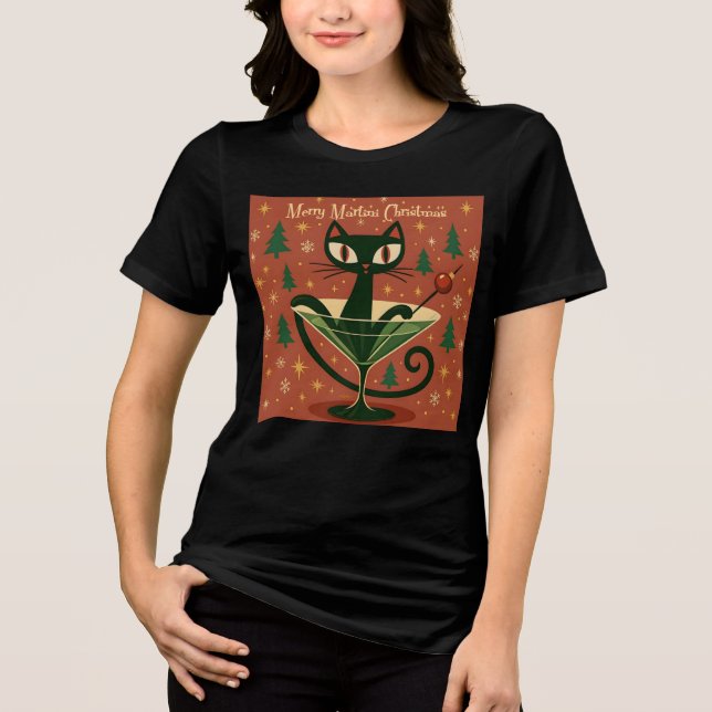 Camiseta Triblenda Mid Century Black Cat Merry Martini Christmas (Anverso)