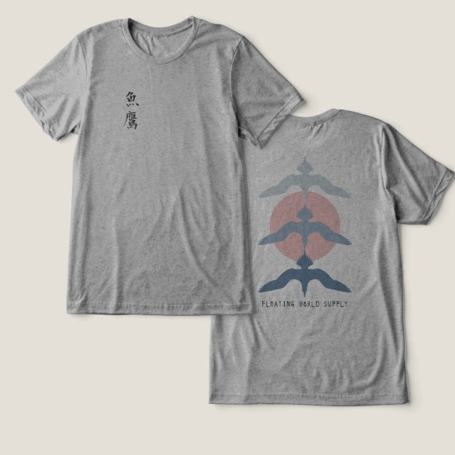 Camiseta Triblenda Minimal Japanese Fish Hawk Ukiyo-e Style Gray (Diseño Anverso y Reverso)