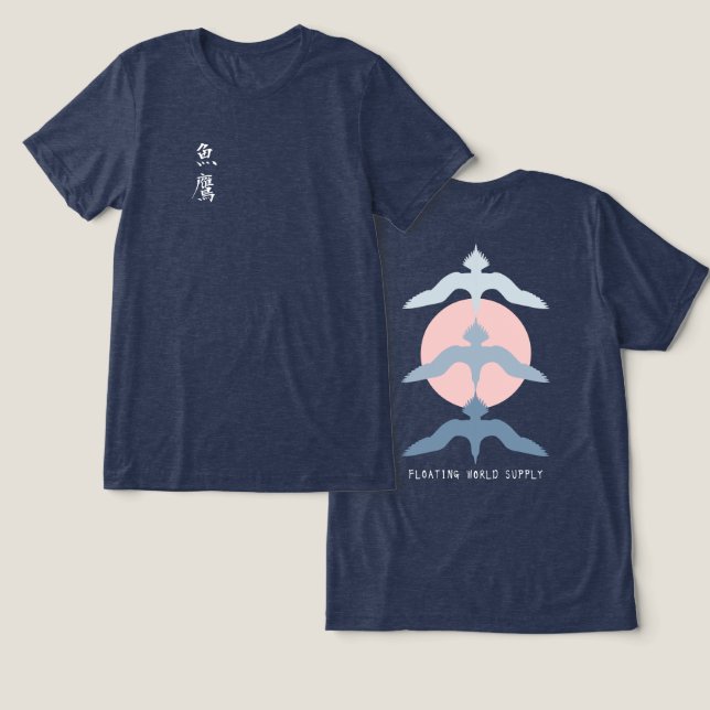 Camiseta Triblenda Minimal Japanese Fish Hawk Ukiyo-e Style Navy (Diseño Anverso y Reverso)