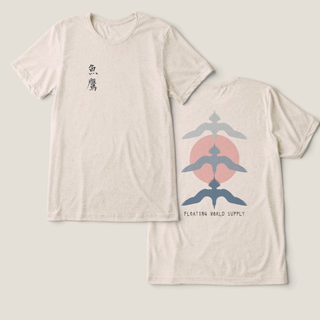 Camiseta Triblenda Minimal Japanese Fish Hawk Ukiyo-e Style Oatmeal (Diseño Anverso y Reverso)