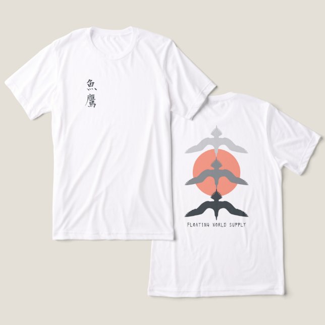 Camiseta Triblenda Minimal Japanese Fish Hawk Ukiyo-e Style White (Diseño Anverso y Reverso)
