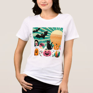 Camiseta Triblenda Modern Retro Wave Halloween Collage Black Cat Bats