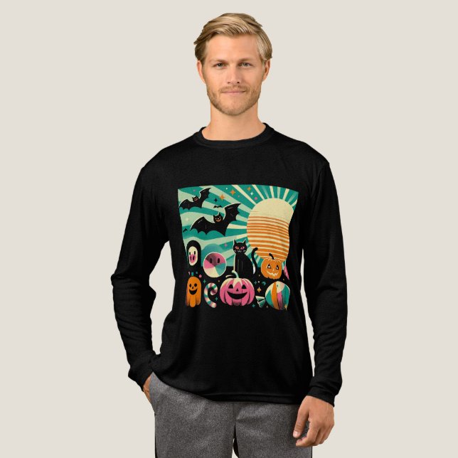 Camiseta Triblenda Modern Retro Wave Halloween Collage Black Cat Bats (Anverso Completo)
