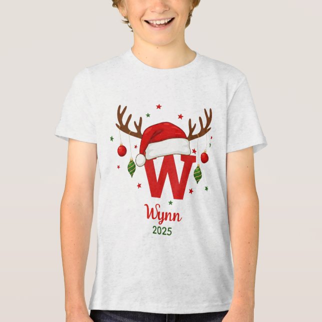 Camiseta Triblenda Monograma de Navidad Personalizado W con Sombrero  (Anverso)