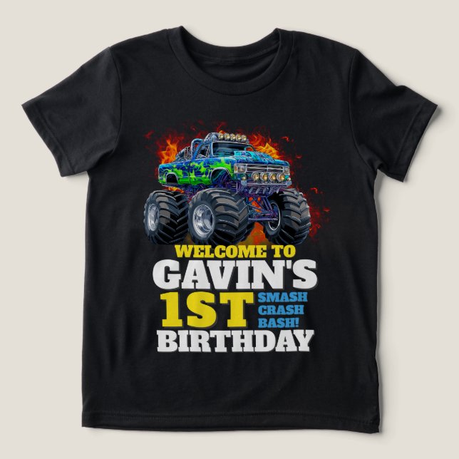 Camiseta Triblenda Monster Truck fiesta de cumpleaños personalizada (Diseño delantero )