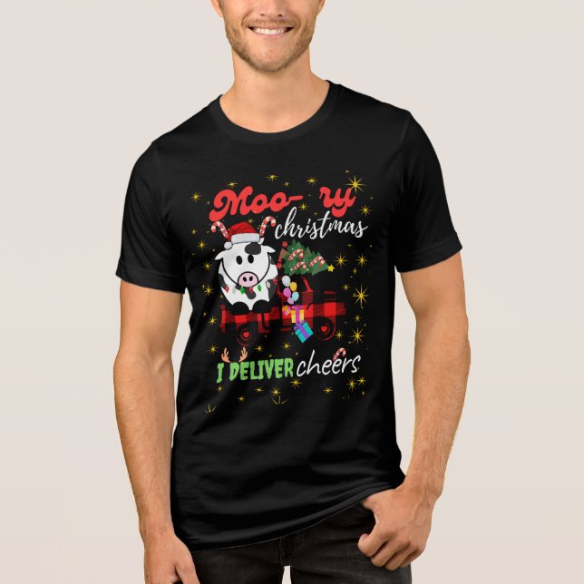 Camiseta Triblenda Moo-ry Christmas Cow in Plaid Truck Holiday design (Anverso)