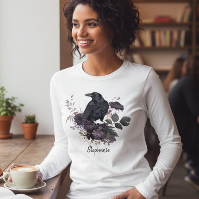 Camiseta Triblenda Moody Gothic Raven Dark Academia (Floral Gothic Raven long sleeve tshirt
)