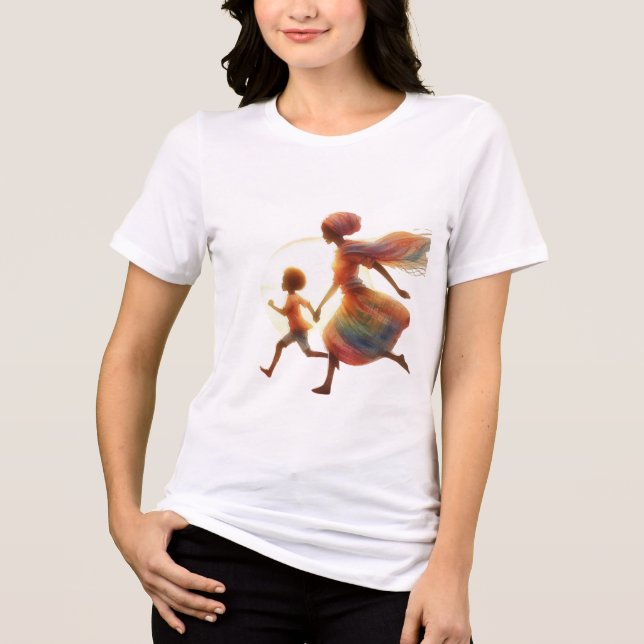 Camiseta Triblenda Mother and Child Running at Sunset – Art of Love a (Anverso)