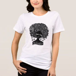 Camiseta Triblenda Mujer afroamericana con flores en negro