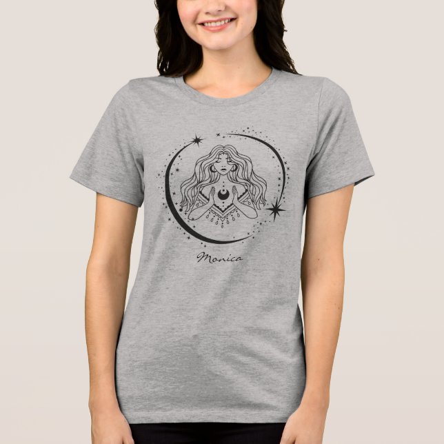 Camiseta Triblenda Mujer celeste, estrellas de la luna, boho, astrono (Anverso)