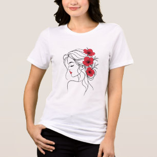 Camiseta Triblenda Mujer con Flores Rojas Arte de Línea Femenina El