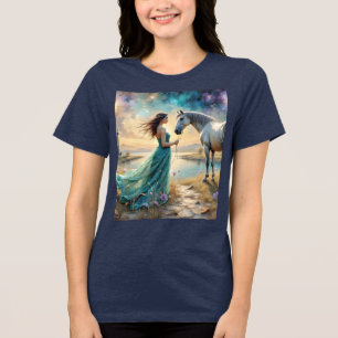 Camiseta Triblenda Mujer con vestido y su caballo en un paisaje natur