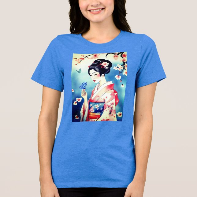 Camiseta Triblenda Mujer japonesa con mariposa azul (Anverso)