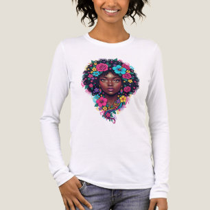 Camiseta Triblenda Mujer negra profunda con afro adornado con flores