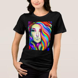 Camiseta Triblenda Mujer retro moderna con pelo de arco iris