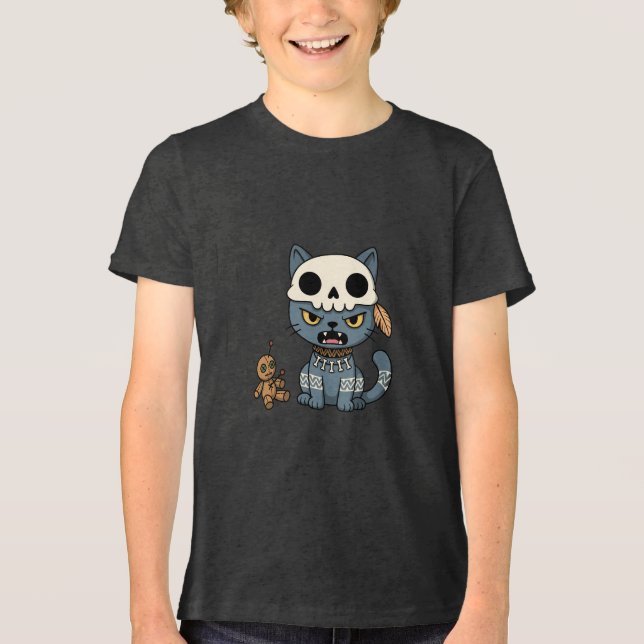 Camiseta Triblenda Muñeca de Vudú de Gato Bruja (Anverso)
