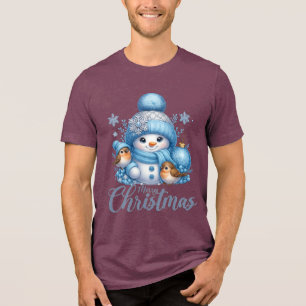 Camiseta Triblenda Muñeco de nieve lindo y pájaros de invierno Navida
