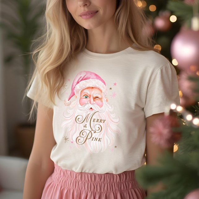 Camiseta Triblenda Navidades clásicos merry y rosados Santa Rosa retr (Merry & Pink Classic Christmas Retro Pink Santa Tri-Blend Shirt)
