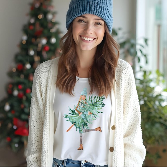 Camiseta Triblenda Navidades de acuarela Chica de amor sosteniendo ár (Watercolor Christmas Lovin' Girl Holding Pine Tree Tri-Blend Shirt)