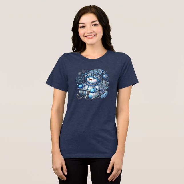 Camiseta Triblenda Navidades de Snowman se deslizan con camiseta feme (Anverso Completo )