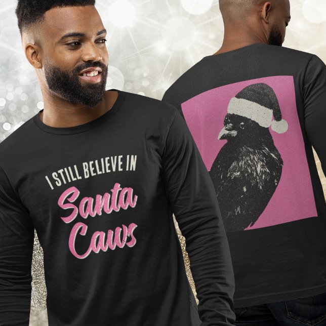 Camiseta Triblenda Navidades divertidos creo que Santa Caws de manga  (Longsleeved men's shirt with funny saying on the front and crow in a Santa hat on the back!)