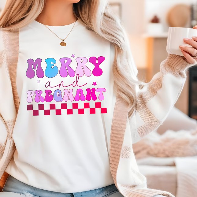 Camiseta Triblenda Navidades Modernos De Groovy Con Merry Y Pregnant (Subido por el creador)