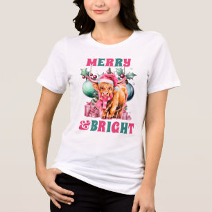 Camiseta Triblenda Navidades rosados brillantes y merry en vaca Highl