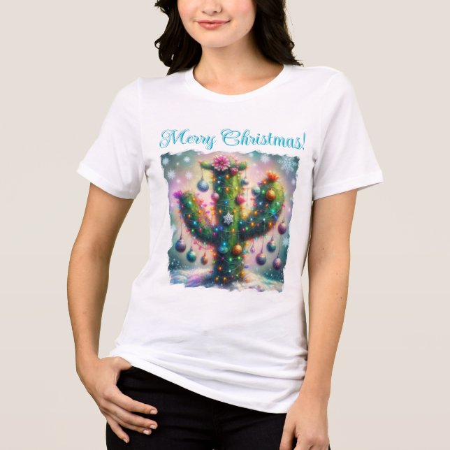 Camiseta Triblenda Navidades Saguaro Cactus Whimsical Snowflakes Verd (Anverso)