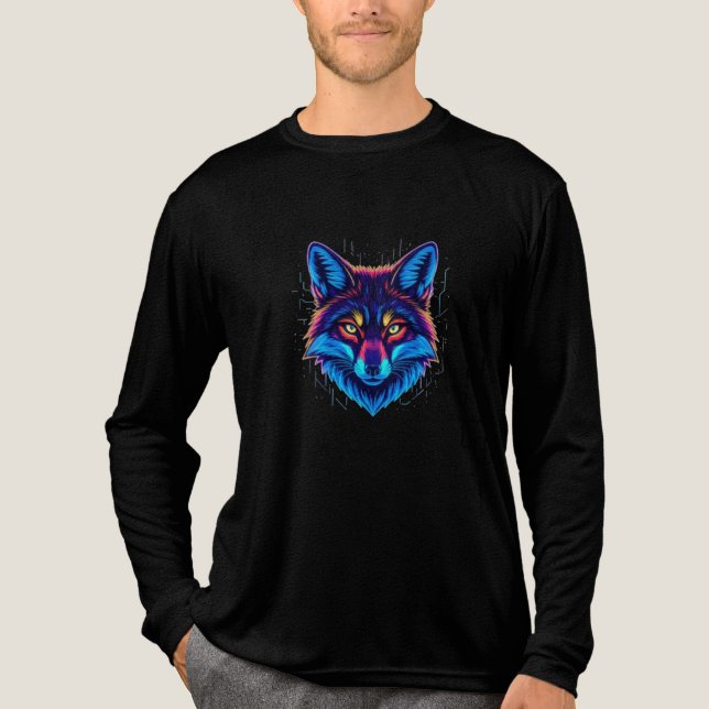 Camiseta Triblenda Neon Fox Face – Vibrant Glowing Design (Anverso)
