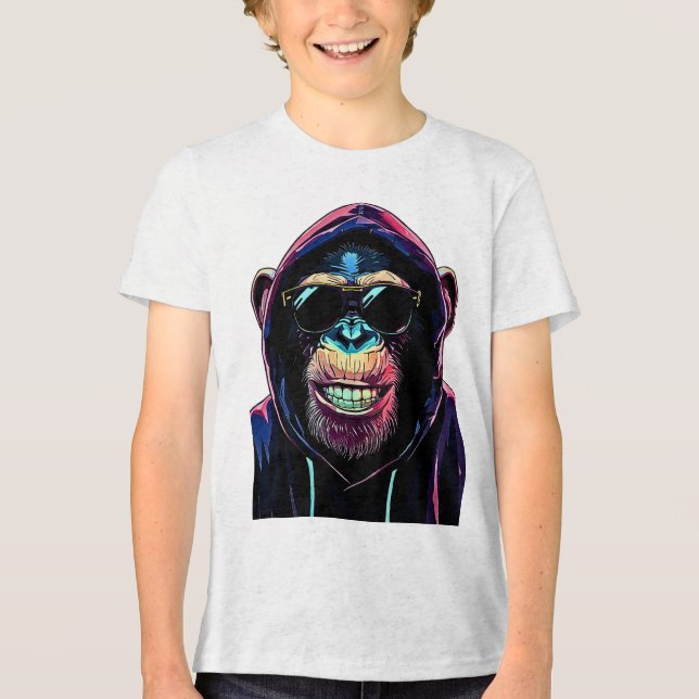 Camiseta Triblenda Neon Vibe – Stylish Chimpanzee in Hoodie and Sungl (Anverso)