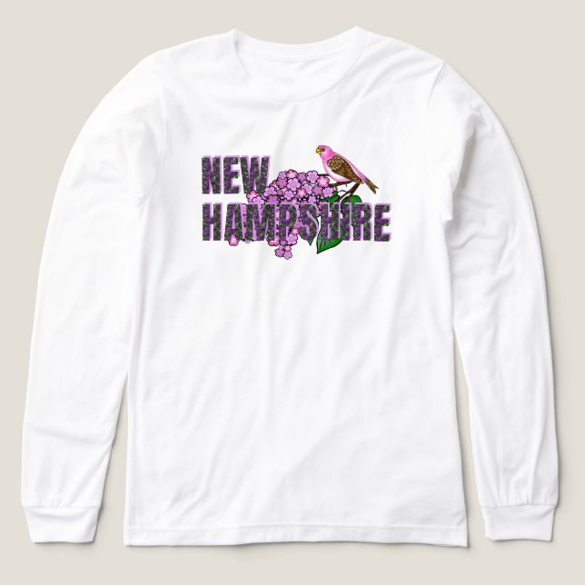 Camiseta Triblenda New Hampshire State Symbols Purple Finch & Lilacs (Diseño frontal)