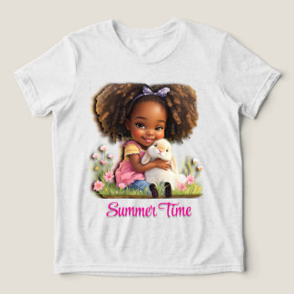 Camiseta Triblenda Niña afroamericana adorable con conejito de mascot
