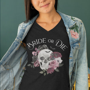 Camiseta Triblenda Novia o Muere Floral Cráneo Chic Boda Gótica de So