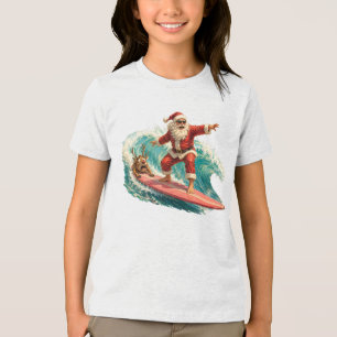Camiseta Triblenda Ola de Navidad Tropical de Papá Noel Surfista