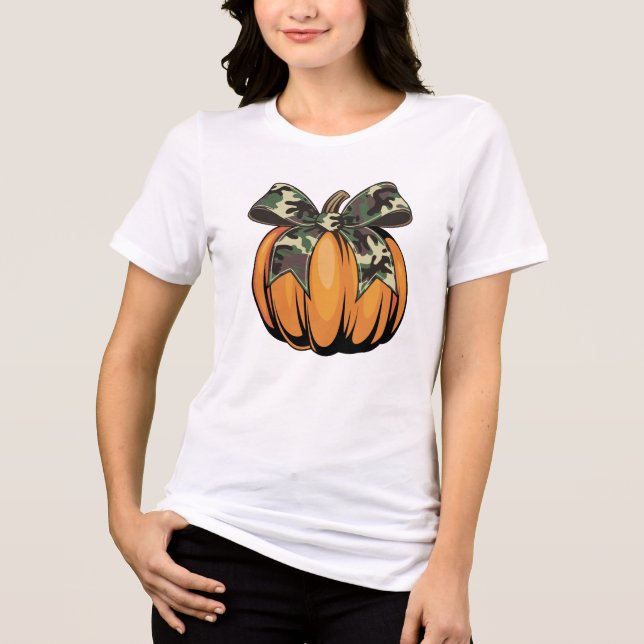Camiseta Triblenda Orange Pumpkin with Camouflage Bow Autumn Hallowee (Anverso)
