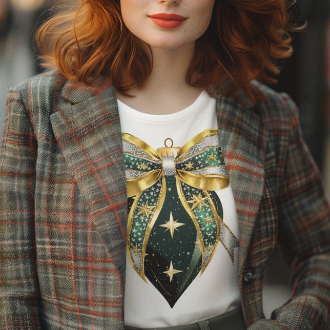 Camiseta Triblenda Ornamento verde de oro y plata y reverso (Green gold and silver holiday ornament on ladies tee for the holiday season
)