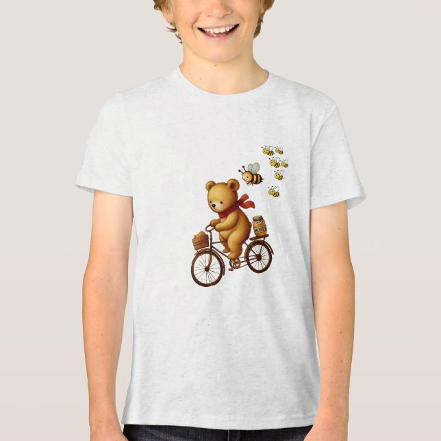 Camiseta Triblenda Oso Adorable montando una bicicleta con miel y abe (Anverso)