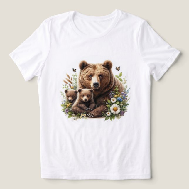 Camiseta Triblenda Oso marrón con costillas en un prado floral (Diseño delantero )