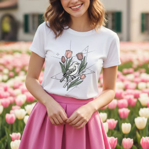 Camiseta Triblenda Pájaro con flor de Tulipán Floral Botánico Minimal